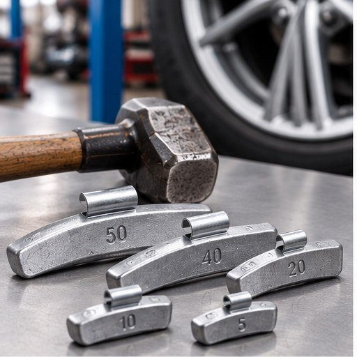 Amoha hammer on wheel weights in a range of sizes next to the fitting hammer