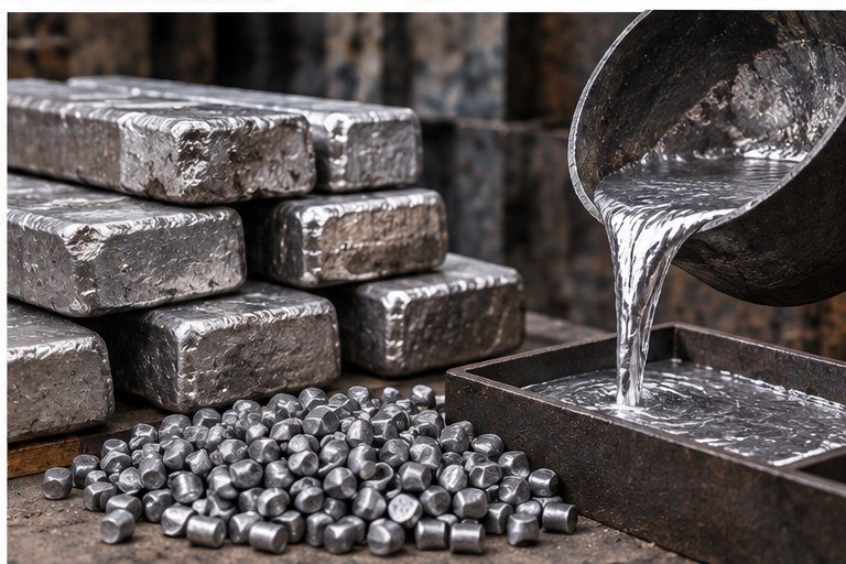 Solid lead ingots and molten lead being poured, the raw material used in Amoha wheel weights